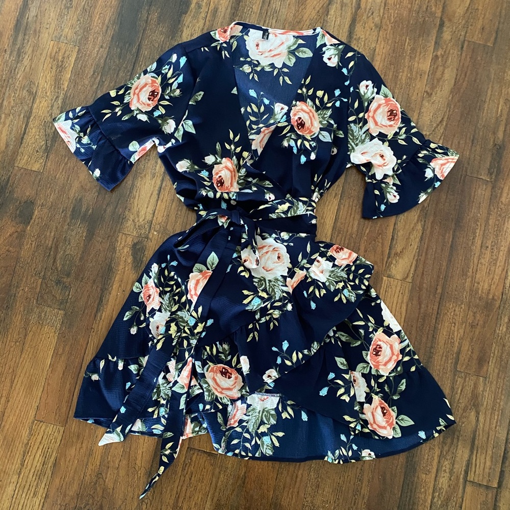 Dark Blue Floral Ruffle Wrap Dress